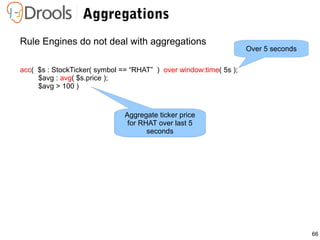 66
Aggregations
Rule Engines do not deal with aggregations
acc( $s : StockTicker( symbol == “RHAT” ) over window:time( 5s );
$avg : avg( $s.price );
$avg > 100 )
Over 5 seconds
Aggregate ticker price
for RHAT over last 5
seconds
 