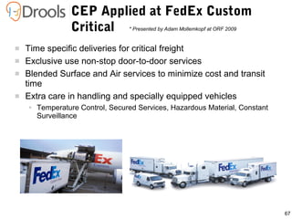 67
CEP Applied at FedEx Custom
Critical
 Time specific deliveries for critical freight
 Exclusive use non-stop door-to-door services
 Blended Surface and Air services to minimize cost and transit
time
 Extra care in handling and specially equipped vehicles
● Temperature Control, Secured Services, Hazardous Material, Constant
Surveillance
* Presented by Adam Mollemkopf at ORF 2009
 