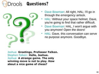 88
Questions?Questions?
• Dave Bowman: All right, HAL; I'll go in
through the emergency airlock.
• HAL: Without your space helmet, Dave,
you're going to find that rather difficult.
• Dave Bowman: HAL, I won't argue with
you anymore! Open the doors!
• HAL: Dave, this conversation can serve
no purpose anymore. Goodbye.
Joshua: Greetings, Professor Falken.
Stephen Falken: Hello, Joshua.
Joshua: A strange game. The only
winning move is not to play. How
about a nice game of chess?
 