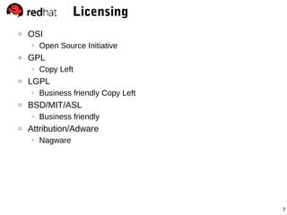 7
Licensing
 OSI
● Open Source Initiative
 GPL
● Copy Left
 LGPL
● Business friendly Copy Left
 BSD/MIT/ASL
● Business friendly
 Attribution/Adware
● Nagware
 
