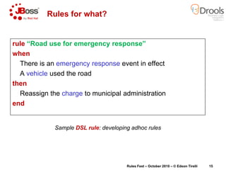 Rules for what?
rule “Road use for emergency response”
when
There is an emergency response
A vehicle used the road
then
Re...