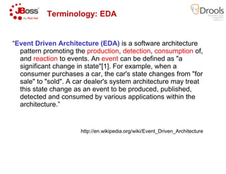 “Event Driven Architecture (EDA)
pattern promoting the production
and reaction to events. An event
significant change in state"[1]. For example, when a
consumer purchases a car, the car's state changes from "for
sale" to "sold". A car dealer's system architecture may treat
this state change as an event to be produced, published,
Terminology: EDA
this state change as an event to be produced, published,
detected and consumed by various applications within the
architecture.”
http://en.wikipedia.org/wiki/Event_Driven_Architecture
Event Driven Architecture (EDA) is a software architecture
production, detection, consumption of,
event can be defined as "a
significant change in state"[1]. For example, when a
consumer purchases a car, the car's state changes from "for
sale" to "sold". A car dealer's system architecture may treat
this state change as an event to be produced, published,
Terminology: EDA
this state change as an event to be produced, published,
detected and consumed by various applications within the
http://en.wikipedia.org/wiki/Event_Driven_Architecture
 