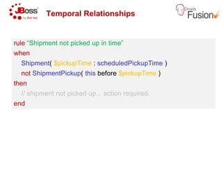 Temporal Relationships
rule “Shipment not picked up in time”
when
Shipment( $pickupTime : scheduledPickupTime
not ShipmentPickup( this before
then
rule “Shipment not picked up in time”
when
Shipment( $pickupTime : scheduledPickupTime
not ShipmentPickup( this before
thenthen
// shipment not picked up... action required.
end
then
// shipment not picked up... action required.
end
Temporal Relationships
“Shipment not picked up in time”
scheduledPickupTime )
before $pickupTime )
“Shipment not picked up in time”
scheduledPickupTime )
before $pickupTime )
// shipment not picked up... action required.// shipment not picked up... action required.
 