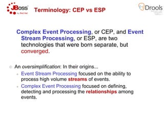 Complex Event Processing
Stream Processing, or ESP, are two
technologies that were born separate, but
converged.
Terminology: CEP
An oversimplification: In their origins...
Event Stream Processing focused on the ability to
process high volume streams
Complex Event Processing
detecting and processing the
events.
Complex Event Processing, or CEP, and Event
, or ESP, are two
technologies that were born separate, but
Terminology: CEP vs ESP
: In their origins...
focused on the ability to
streams of events.
Complex Event Processing focused on defining,
detecting and processing the relationships among
 