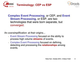 Complex Event Processing
Stream Processing, or ESP, are two
technologies that were born separate, but
converged.
Terminolo...