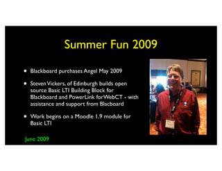 Summer Fun 2009

•   Blackboard purchases Angel May 2009

•   Steven Vickers, of Edinburgh builds open
    source Basic LTI Building Block for
    Blackboard and PowerLink forWebCT - with
    assistance and support from Blacboard

•   Work begins on a Moodle 1.9 module for
    Basic LTI

June 2009
 