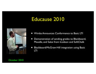 Educause 2010

               •   Wimba Announces Conformance to Basic LTI

               •   Demonstration of sending grades to Blackboard,
                   Moodle, and Sakai from Icodeon and SoftChalk

               •   Blackboard/McGraw-Hill integration using Basic
                   LTI


October 2010
 