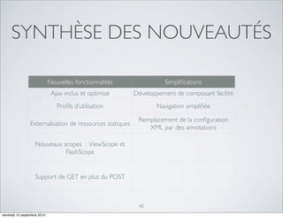SYNTHÈSE DES NOUVEAUTÉS

                             Nouvelles fonctionnalités               Simpliﬁcations
                              Ajax inclus et optimisé     Développement de composant facilité
                                Proﬁls d’utilisation              Navigation simpliﬁée

                                                           Remplacement de la conﬁguration
                Externalisation de ressources statiques
                                                              XML par des annotations

                   Nouveaux scopes : ViewScope et
                             FlashScope


                   Support de GET en plus du POST



                                                           42
vendredi 10 septembre 2010
 