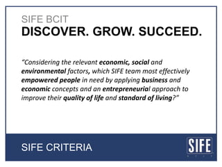 DISCOVER. GROW. SUCCEED.
SIFE BCIT
“Considering the relevant economic, social and
environmental factors, which SIFE team most effectively
empowered people in need by applying business and
economic concepts and an entrepreneurial approach to
improve their quality of life and standard of living?”
SIFE CRITERIA
 