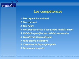 Être organisé et ordonné  Être constant  Être fiable  Participation active à son propre rétablissement  Habileté à planifier des activités structurées  6. Transfert de l’apprentissage  7. Faire preuve d’initiative 8. S’exprimer de façon appropriée 9. Encourager ses pairs  