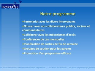 Partenariat avec les divers intervenants Œuvrer avec nos collaborateurs publics, sociaux et communautaires Collaborer avec les mécanismes d’accès Conférences de cas mensuelles Planification de sorties de fin de semaine Groupes de soutien pour les parents Promotion d’un programme efficace 