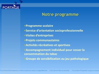 Programme scolaire Service d’orientation socioprofessionnelle Visites d’entreprises  Projets communautaires Activités récréatives et sportives Accompagnement individuel pour cesser la consommation du tabac  Groupe de sensibilisation au jeu pathologique 