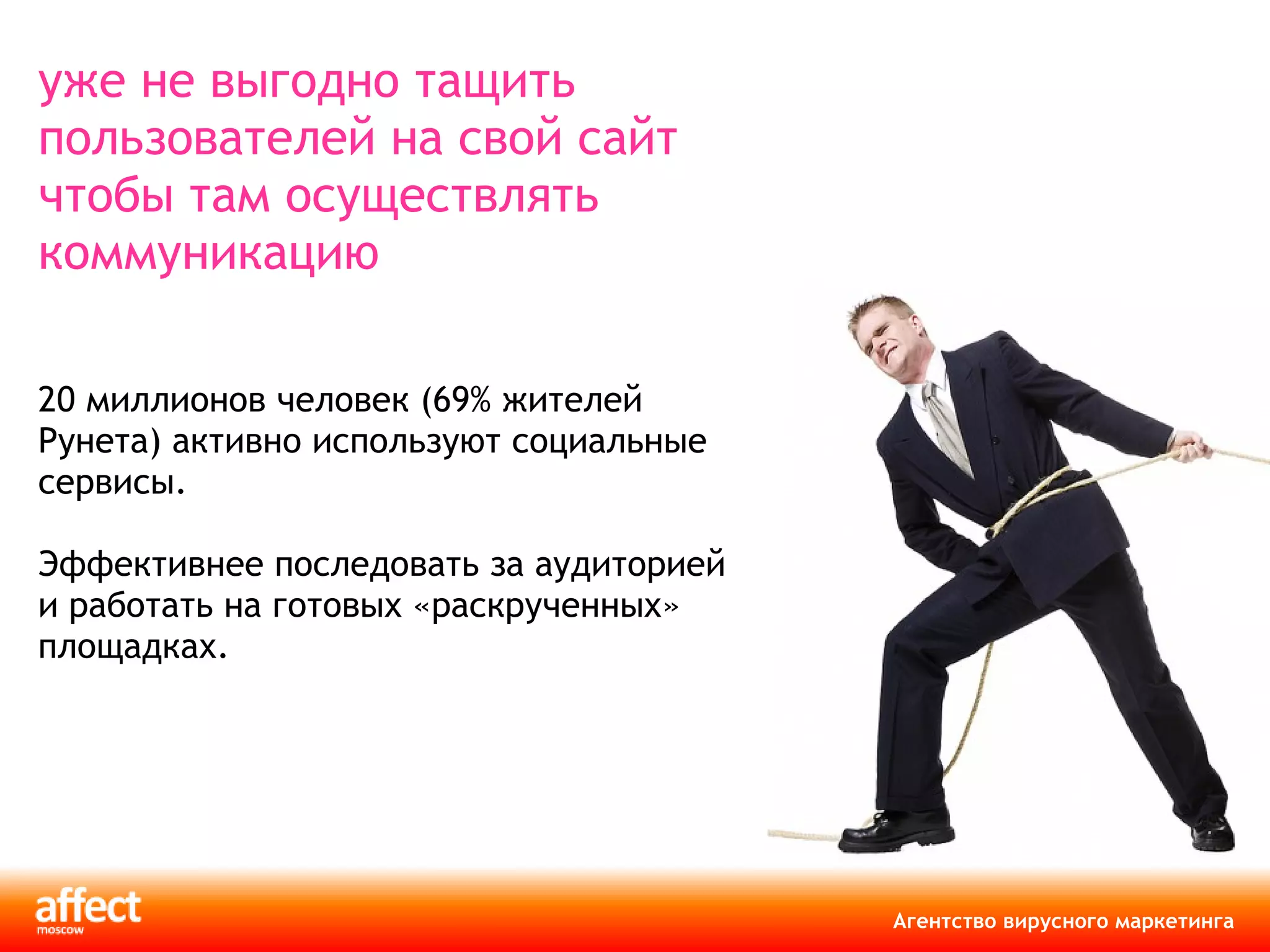 уже не выгодно тащить пользователей на свой сайт чтобы там осуществлять коммуникацию  20 миллионов человек  ( 69% жителей Рунета )  активно используют социальные сервисы. Эффективнее последовать за аудиторией  и работать на готовых «раскрученных» площадках. 