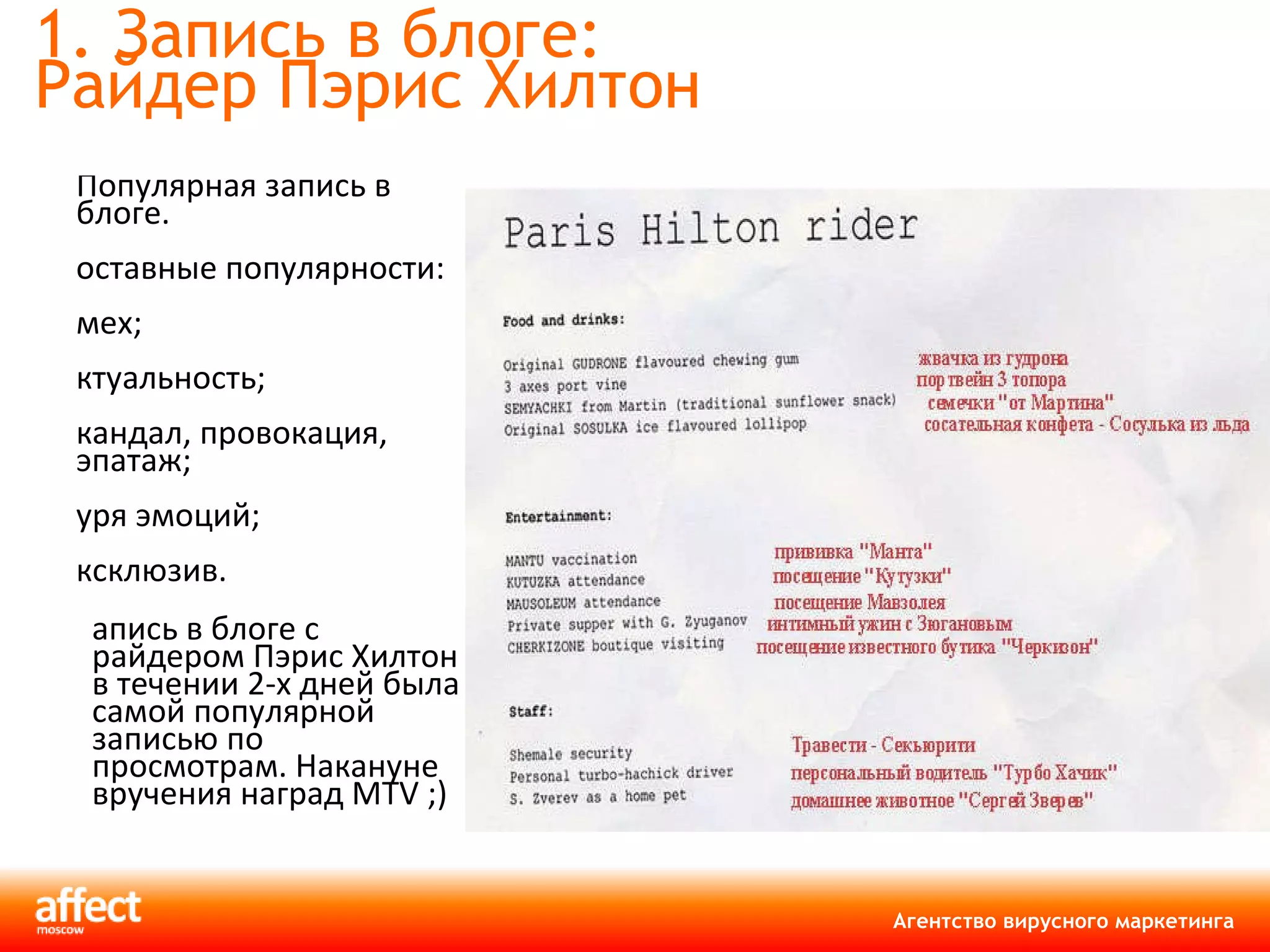 1. Запись в блоге:  Райдер Пэрис Хилтон Популярная запись в блоге. Составные популярности: Смех ; Актуальность ; Скандал, провокация, эпатаж;  Буря эмоций; Эксклюзив. Запись в блоге с райдером Пэрис Хилтон в течении 2-х дней была самой популярной записью по просмотрам. Накануне вручения наград  MTV ;) 