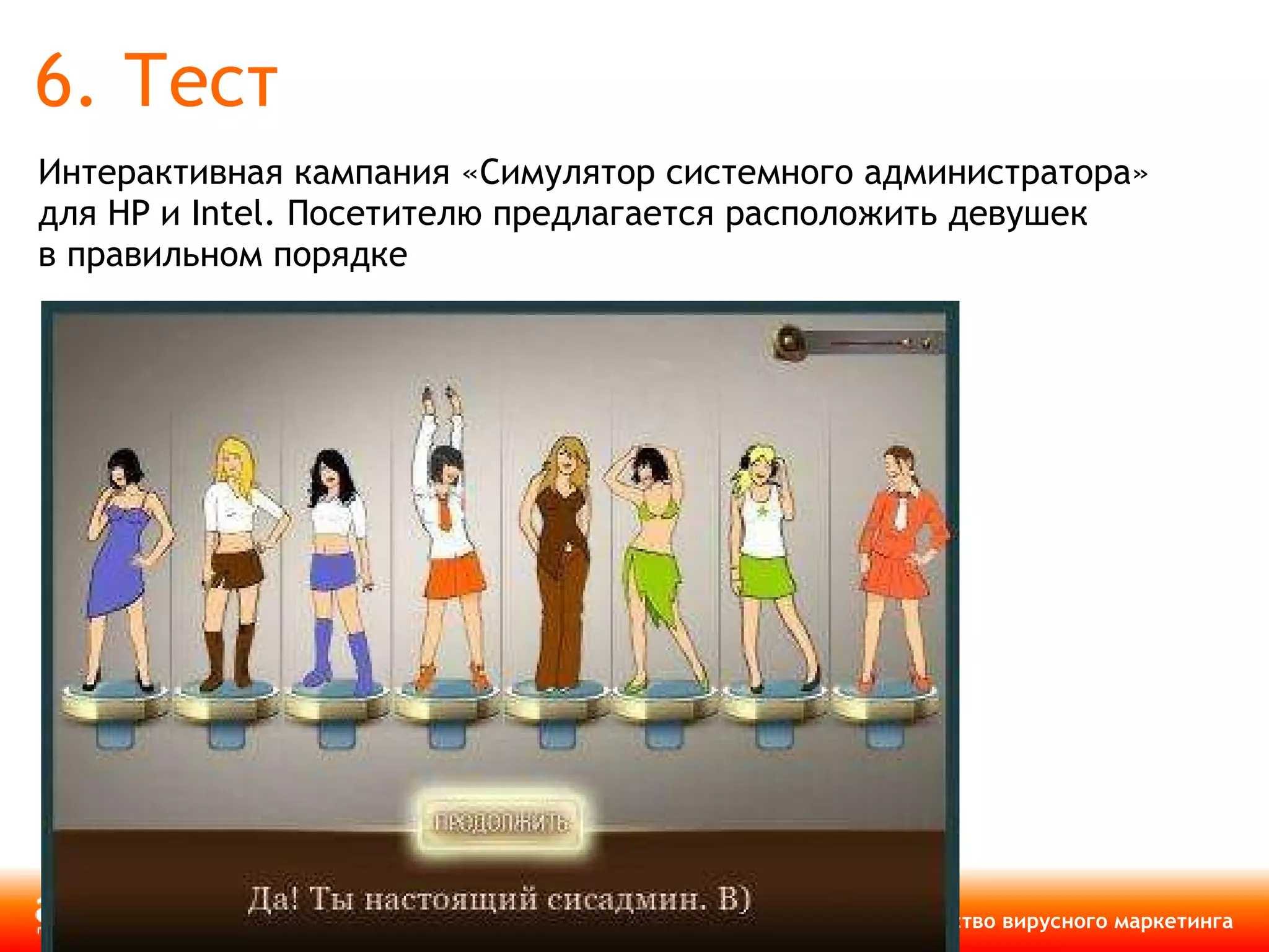 6. Тест Интерактивная кампания «Симулятор системного администратора» для HP и Intel. Посетителю предлагается расположить девушек в правильном порядке 