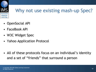 Why not use existing mash-up Spec? <ul><li>OpenSocial API </li></ul><ul><li>FaceBook API </li></ul><ul><li>W3C Widget Spec...
