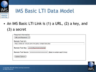 IMS Basic LTI Data Model <ul><li>An IMS Basic LTI Link is (1) a URL, (2) a key, and (3) a secret </li></ul>