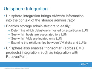 10
© Copyright 2010 EMC Corporation. All rights reserved.
Unisphere Integration
• Unisphere integration brings VMware information
into the context of the storage administrator
• Enables storage administrators to easily:
– Determine which datastore is hosted on a particular LUN
– See which hosts are associated to a LUN
– See which VMs are located on a LUN
– Examine the relationships between VM disks and LUNs
• Unisphere also enables “horizontal” (across EMC
products) integration, such as integration with
RecoverPoint
 