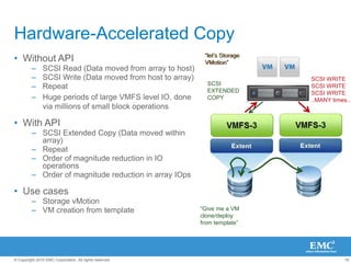 18
© Copyright 2010 EMC Corporation. All rights reserved.
Hardware-Accelerated Copy
• Without API
– SCSI Read (Data moved from array to host)
– SCSI Write (Data moved from host to array)
– Repeat
– Huge periods of large VMFS level IO, done
via millions of small block operations
• With API
– SCSI Extended Copy (Data moved within
array)
– Repeat
– Order of magnitude reduction in IO
operations
– Order of magnitude reduction in array IOps
• Use cases
– Storage vMotion
– VM creation from template
SCSI READ
SCSI READ
SCSI READ
..MANY times…
SCSI
EXTENDED
COPY
SCSI WRITE
SCSI WRITE
SCSI WRITE
..MANY times…
“let’s Storage
VMotion”
“let’s Storage
VMotion”
“Give me a VM
clone/deploy
from template”
 
