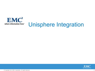 8
© Copyright 2010 EMC Corporation. All rights reserved.
Unisphere Integration
 