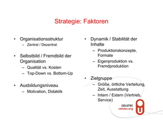 Strategie: Faktoren
• Organisationsstruktur
– Zentral / Dezentral
• Selbstbild / Fremdbild der
Organisation
– Qualität vs. Kosten
– Top-Down vs. Bottom-Up
• Ausbildungsniveau
– Motivation, Didaktik
• Dynamik / Stabilität der
Inhalte
– Produktionskonzepte,
Formate
– Eigenproduktion vs.
Fremdproduktion
• Zielgruppe
– Größe, örtliche Verteilung,
Zeit, Ausstattung
– Intern / Extern (Vertrieb,
Service)
 