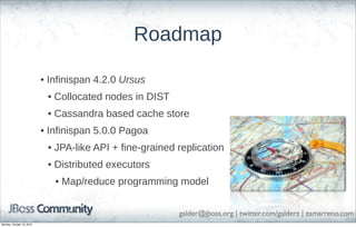 Roadmap
• Infinispan 4.2.0 Ursus
• Collocated nodes in DIST
• Cassandra based cache store
• Infinispan 5.0.0 Pagoa
• JPA-l...
