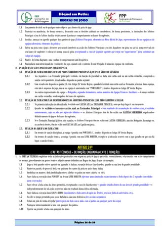 Hóquei em Patins
                                                  REGRAS DE JOGO

   1.1 Lançamento do stick ou de qualquer outro objecto para dentro da pista de jogo
   1.2 Protestar ou manifestar, de forma ostensiva, desacordo com as decisões arbitrais ou desobedecer, de forma persistente, às instruções dos Árbitros
        Principais e/ou do Árbitro Auxiliar relativamente à postura e comportamento no banco de suplentes.
   1.3 Insultar, ameaçar ou agredir qualquer dos agentes do jogo (Árbitros Principais, elementos da Mesa Oficial de Jogo, representantes da sua equipa ou da
        equipa adversária, elementos do público)
   1.4 Entrar na pista com o jogo a decorrer procurando interferir na acção dos Árbitros Principais e/ou dos Jogadores em pista ou sair da zona reservada do
        seu banco de suplentes e colocar-se noutra zona da pista (exceptuando o caso de Jogador suplente que esteja em “aquecimento” para substituir um
        colega de equipa).
   1.5 Manter, de forma flagrante, uma conduta e comportamento anti-desportivo.
   1.6 Manipulação mal-intencionada do cronómetro do jogo, quando sob o controlo de um Delegado de uma das equipas em confronto.
2. PUNIÇÃO DAS FALTAS PRATICADAS FORA DE PISTA
   2.1 PUNIÇÃO DE INFRACTOR IDENTIFICADO PELOS ÁRBITROS PRINCIPAIS E/OU PELO ÁRBITRO AUXILIAR
        2.1.1       Aos Jogadores e ao Treinador principal é exibido, em função da gravidade da falta, um cartão azul ou um cartão vermelho, cumprindo a
                    sanção correspondente, ressalvando o disposto no ponto seguinte
        2.1.2       Com ressalva do disposto no ponto 2.1.4 do Artigo 26º destas Regras, quando for exibido um cartão azul ao Treinador principal duma equipa,
                    este não é suspenso do jogo, mas a sua equipa é sancionada com “POWER-PLAY”, atento o disposto no Artigo 10º destas Regras.
        2.1.3       Aos outros representantes da equipa – Delegados, segundos treinadores, outros membros da Equipa Técnica e Auxiliares – é sempre exibido
                    um cartão vermelho, sendo expulsos do banco de suplentes.
   2.2 PUNIÇÃO DE INFRACTOR NÃO IDENTIFICADO PELOS ÁRBITROS PRINCIPAIS E/OU PELO ÁRBITRO AUXILIAR
        2.2.1       Na primeira infracção não identificada, é exibido um CARTÃO AZUL ao TREINADOR PRINCIPAL, sem que haja lugar à sua suspensão.
        2.2.2       Quando for exibido o terceiro cartão azul ao Treinador Principal – em resultado da acumulação de cartões azuis já exibidos
                    anteriormente, seja ou não por infracção idêntica – os Árbitros Principais têm de lhe exibir um CARTÃO VERMELHO, expulsando-o
                    definitivamente do jogo e do banco de suplentes.
        2.2.3       Se o Treinador Principal já tiver sido expulso, os Árbitros Principais têm de exibir um CARTÃO VERMELHO a um dos Delegados da equipa ou,
                    na ausência destes, têm de exibir um CARTÃO AZUL ao Capitão em pista.
   2.3. PUNIÇÃO DA EQUIPA DO INFRACTOR
        2.3.1       Em termos de sanção disciplinar, a equipa é punida com POWER-PLAY, atento o disposto no Artigo 10º destas Regras.
        2.3.2       Em termos de sanção técnica, a equipa é punida com um LIVRE DIRECTO, excepto se a infracção ocorrer com o jogo parado em que não há
                    lugar a sanção técnica.

                                                                      ARTIGO 24º
                                       (FALTAS TÉCNICAS – DEFINIÇÃO, ENQUADRAMENTO E PUNIÇÃO)
1. As FALTAS TÉCNICAS englobam todas as infracções praticadas com origem na pista de jogo e que estão, essencialmente, relacionadas com o não cumprimento
   de normas, procedimentos ou gestos técnicos objectivamente definidos nas Regras de Jogo, de que são exemplo:
   1.1     Jogar a bola quando estiver apoiado ou agarrado às balizas, excepção feita ao Guarda-redes, quando na sua área de grande penalidade
   1.2     Manter-se parado, de posse da bola, em qualquer dos cantos da pista ou atrás duma baliza
   1.3     Imobilizar ou manter a bola imobilizada entre a tabela e os patins ou entre a tabela e o stick
   1.4     Fazer falta na execução dum PENALTY ou de um LIVRE DIRECTO (efectuar uma simulação ou movimentar a bola depois dos 5 segundos concedidos
           para a execução)
   1.5     Fazer elevar a bola acima da altura permitida, exceptuando o caso do Guarda-redes – quando situado dentro da sua área de grande penalidade – e
           independentemente de tal acção ocorrer ou não em resultado duma defesa efectuada.
   1.6     Fazer falta na execução dum GOLPE–DUPLO (movimentar a bola antes do apito do Árbitro, provocar falta do adversário, etc.).
   1.7     Exceder o tempo permitido para posse da bola na sua zona defensiva (dez ou cinco segundos).
   1.8     Evitar um golo de forma irregular (intercepção da bola com a mão, com os patins ou qualquer parte do corpo)
   1.9     Pontapear intencionalmente a bola com qualquer dos patins.
   1.10 Agarrar ou prender a bola com qualquer das mãos



                                                                   Página 26 de 39
 