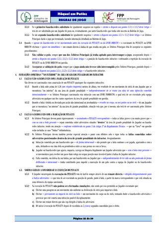 Hóquei em Patins
                                                 REGRAS DE JOGO

          3.3.4 Se o primeiro Guarda-redes substituto for igualmente suspenso ou expulso – atento o disposto nos pontos 3.3.1 e 3.3.2 deste Artigo –
                terá de ser substituído por um Jogador de pista ou, eventualmente, por outro Guarda-redes que tenha sido inscrito no Boletim de Jogo.
        3.3.5 Se um segundo Guarda-redes substituto for igualmente suspenso – atento o disposto nos pontos 3.3.1 e 3.3.2 deste Artigo – os Árbitros
                Principais darão o jogo por terminado, fazendo informação detalhada no Boletim de Jogo.
   3.4 Quando – apesar do Guarda-redes se ter movimentado antes da execução do PENALTY ou do LIVRE DIRECTO – o executante do PENALTY ou LIVRE
        DIRECTO efectuou – quase em simultâneo – um remate directo à baliza de que resulta em golo, os Árbitros Principais têm de assegurar os seguintes
        procedimentos:
        3.4.1 Não validar o golo, sempre que um dos Árbitros Principais já tenha apitado para interromper o jogo, assegurando depois –
                atento o disposto nos pontos 3.3.1, 3.3.2 e 3.3.3 deste Artigo – a punição do Guarda-redes infractor e ordenando a repetição da execução do
                PENALTY ou do LIVRE DIRECTO em questão.
        3.4.2 Assegurar a validação do golo, sempre que o jogo ainda não tivesse sido interrompido pelos Árbitros Principais, punindo depois –
                atento o disposto nos pontos 3.3.1, 3.3.2 e 3.3.3 deste Artigo – o Guarda-redes infractor.
4. INFRACÇÕES COMETIDAS "NO INTERIOR" DA ÁREA DE GRANDE PENALIDADE DO INFRACTOR
   4.1 FALTAS NÃO SANCIONÁVEIS COM A MARCAÇÃO DE PENALTY
        Não devem ser sancionadas com a marcação de um PENALTY quaisquer das seguintes infracções:
        4.1.1 Quando a bola sobe acima de 1,50 (um vírgula cinquenta) metros de altura, em resultado de um movimento do stick de um Jogador que se
                encontrava “no interior” da sua área de grande penalidade – independentemente de se tratar (ou não) de uma infracção cometida
                intencionalmente – os Árbitros Principais sancionarão esta infracção com um LIVRE INDIRECTO, o qual terá de ser executado pela equipa
                adversária em qualquer um dos cantos superiores da área de grande penalidade em questão.
        4.1.2 Quando a bola é detida ou desviada por acção não intencional ou involuntária – ressalto no corpo, ou nos patins ou no stick – de um Jogador
                que se encontrava “no interior” da sua área de grande penalidade, situação esta que, por si mesma, não terá de ser sancionada pelos Árbitros
                Principais.
   4.2 FALTAS SANCIONÁVEIS COM A MARCAÇÃO DE PENALTY
        4.2.1 Os Árbitros Principais devem punir rigorosamente – assinalando o PENALTY correspondente – todas as faltas graves e/ou muito graves que –
                com ou sem a bola presente – sejam cometidas sobre adversários situados “dentro” da área de grande penalidade do Jogador ou Guarda-
                redes infractor, tendo em atenção – conforme estabelecido no ponto 3 do Artigo 3º do Regulamento Técnico – que na "área" em questão
                estão incluídas as suas "linhas" delimitadoras.
        4.2.2 Os Árbitros Principais devem também prestar especial atenção e punir com idêntico zelo e rigor todas as faltas cometidas sobre
                adversários posicionados dentro da área de grande penalidade do infractor, designadamente:
                a) Infracção cometida por um Guarda-redes que – de forma intencional – não permite que a bola continue a ser jogada, agarrando-a com a
                     mão, deitando-se em cima dela ou prendendo-a entre as suas pernas ou com as luvas.
                b) Jogador ou Guarda-redes que agarra, empurra, carrega ou bloqueia ilegalmente um Jogador adversário que – sem a bola estar presente –
                     se movimentava para receber um passe dum colega ou ocupar posição mais favorável junto à baliza do Jogador infractor.
                c) Falta cometida, em defesa da sua baliza, por um Guarda-redes ou Jogador que – independentemente de ter sido ou não praticada de forma
                     deliberada e intencional – tenha contribuído para impedir a marcação de um golo contra a equipa do Jogador ou do Guarda-redes
                     infractor.
   4.3. NORMAS GERAIS A CONSIDERAR NA EXECUÇÃO DO PENALTY
        4.3.1 O Jogador encarregado da execução do PENALTY tem de fazê-lo sempre através de um remate directo – dirigido obrigatoriamente para
                a baliza adversária – e que tem de ser executado na posição de parado, junto à bola, a partir da marca correspondente e que está situada na
                zona defensiva da equipa sancionada.
        4.3.2 Na execução do PENALTY não podem ser efectuadas simulações, não sendo por isso permitido ao Jogador executante que:
                a) Efectue uma paragem ou um movimento não uniforme na deslocação do stick para impactar a bola
                b) Efectue – previamente ao impacto do stick na bola – um movimento do corpo ou do stick, tentando iludir o Guarda-redes adversário e
                     provocar que este cometa uma infracção punível disciplinarmente
                c) Efectue um remate directo que não seja dirigido à baliza do adversário
                d) Dê início à execução do PENALTY depois de excedidos os 5 (cinco) segundos concedidos para o efeito.



                                                                  Página 35 de 39
 