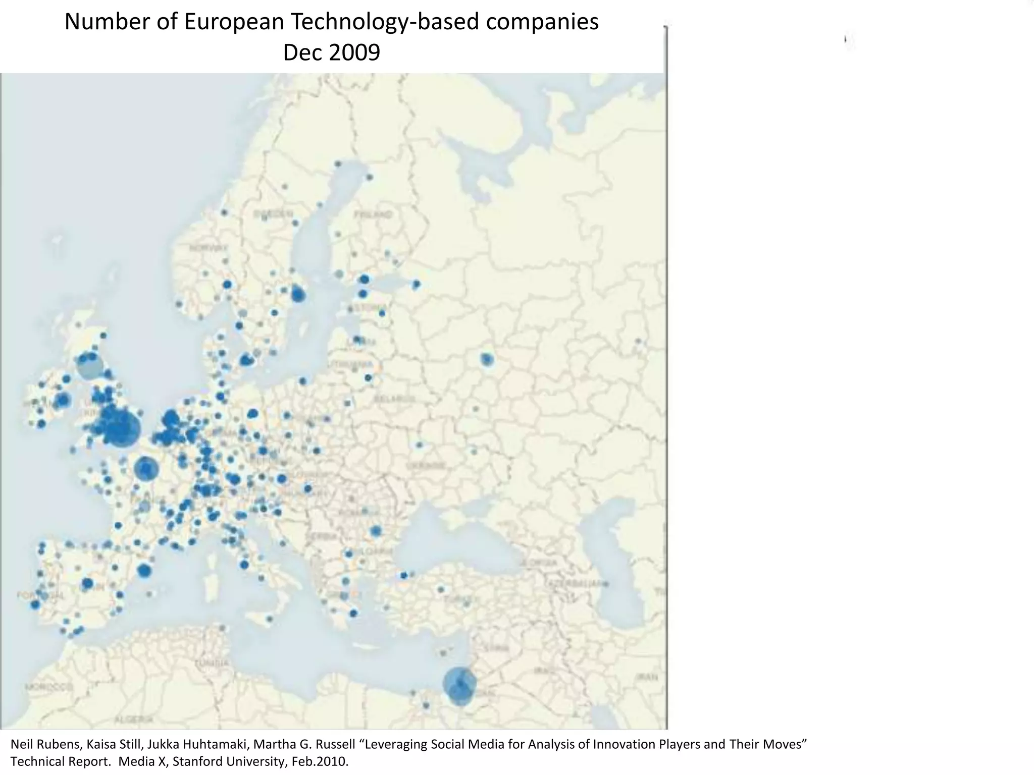 Number of European Technology-based companies
Dec 2009
Neil Rubens, Kaisa Still, Jukka Huhtamaki, Martha G. Russell “Leveraging Social Media for Analysis of Innovation Players and Their Moves”
Technical Report. Media X, Stanford University, Feb.2010.
 
