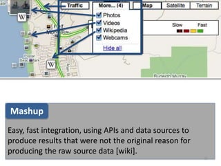 Easy, fast integration, using APIs and data sources to
produce results that were not the original reason for
producing the raw source data [wiki].
25
Mashup
 
