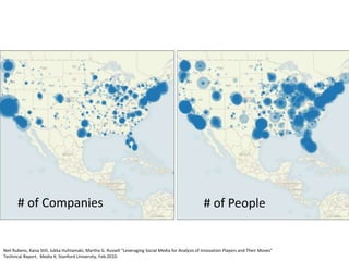 # of Companies # of People
Neil Rubens, Kaisa Still, Jukka Huhtamaki, Martha G. Russell “Leveraging Social Media for Analysis of Innovation Players and Their Moves”
Technical Report. Media X, Stanford University, Feb.2010.
 