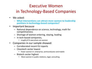 Executive Women
in Technology-Based Companies
• We asked:
– What interventions can attract more women to leadership
positions in technology-based companies?
• Important because
– National dependence on science, technology, math for
competitiveness
– Shortage of women entering, staying, leading
– In tech-based companies,
• roughly 8 % executives are women
• Companies in our sample showed:
– Corroborated recent EU reports
– Cleantech sector lowest
• Fewer women in: enterprise, semiconductor and mobile
– Biotech sector highest
• More women in public relations, legal, consulting
 