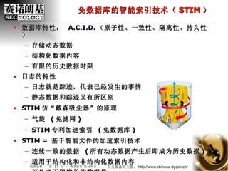免数据库的智能索引技术（ STIM ） 机密资料 – 第    页 – 赛诺朗基 版权所有 数据库特性，  A.C.I.D. （原子性、一致性、隔离性、持久性） 存储动态数据 结构化数据内容 有限的历史数据时限 日志的特性 日志就是踪迹，代表已经发生的事情 静态数据和踪迹又有所区别 STIM 仿“戴森吸尘器”的原理 气旋  ( 免滤网 ) STIM 专利加速索引  ( 免数据库 ) STIM =  基于智能文件的加速索引技术 连续一致的数据  ( 所有动态数据产生后即成为历史数据 ) 适用于结构化和非结构化数据内容 可处理无限增长的数据量 有关戴森吸尘器： http://www.chinese.dyson.cn/ 