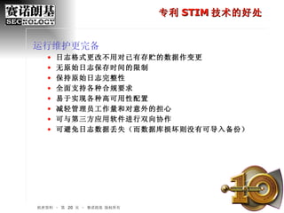 机密资料 – 第    页 – 赛诺朗基 版权所有 专利 STIM 技术的好处 运行维护更完备 日志格式更改不用对已有存贮的数据作变更 无原始日志保存时间的限制 保持原始日志完整性 全面支持各种合规要求 易于实现各种高可用性配置 减轻管理员工作量和对意外的担心 可与第三方应用软件进行双向协作 可避免日志数据丢失（而数据库损坏则没有可导入备份） 