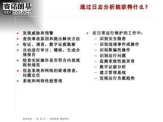 通过日志分析能获得什么？ 发现威胁和预警 查找事故原因和提出解决方法 取证、调查、数字证据勘察 自动进行审计、稽核，生成合规报告 检查实际操作是否符合内部流程和规范 信息系统和网络的疑难排查、问题定位 系统和网络性能管理 在日常运行维护的工作中： 识别安全隐患 识别违规事件或操作 识别欺骗性操作 识别运行问题 监测系统性能异常 数字证据分析 建立管理基线 发现运行负载趋势 机密资料 – 第    页 – 赛诺朗基 版权所有 