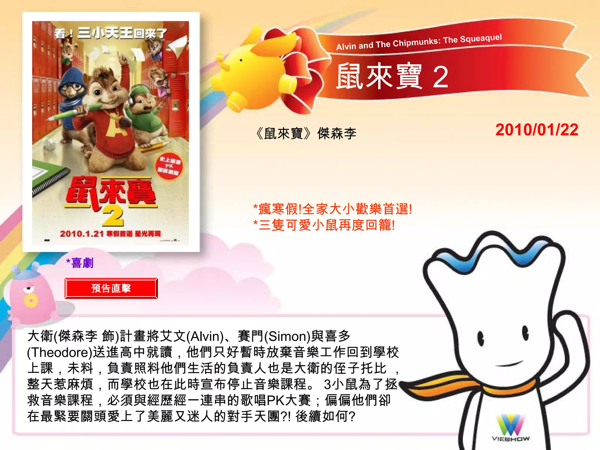 aquel
                                              munks: The Sque
                           Alvin and The Chip



                           鼠來寶 2
                    《鼠來寶》傑森李                                    2010/01/22



                    *瘋寒假!全家大小歡樂首選!
                    *三隻可愛小鼠再度回籠!

   *喜劇

     預告直擊



大衛(傑森李 飾)計畫將艾文(Alvin)、賽門(Simon)與喜多
(Theodore)送進高中就讀，他們只好暫時放棄音樂工作回到學校
上課，未料，負責照料他們生活的負責人也是大衛的侄子托比 ，
整天惹麻煩，而學校也在此時宣布停止音樂課程。 3小鼠為了拯
救音樂課程，必須與經歷經一連串的歌唱PK大賽；偏偏他們卻
在最緊要關頭愛上了美麗又迷人的對手天團?! 後續如何?
 