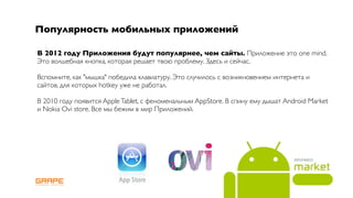 Популярность мобильных приложений

В 2012 году Приложения будут популярнее, чем сайты. Приложение это one mind.
Это волшебная кнопка, которая решает твою проблему. Здесь и сейчас.

Вспомните, как "мышка" победила клавиатуру. Это случилось с возникновением интернета и
сайтов, для которых hotkey уже не работал.

В 2010 году появится Apple Tablet, с феноменальным AppStore. В спину ему дышат Android Market
и Nokia Ovi store. Все мы бежим в мир Приложений.
 