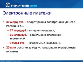 Электронные платежи 40 млрд руб.  - оборот рынка электронных денег в России, в т.ч. 17 млрд руб.  - интернет-кошельки,  11 млрд руб.  —кошельки на платежных терминалах 8 млрд   руб. — «мобильные кошельки». 20 млн  россиян за год использовали электронные платежи Данные :  Ассоциация «Электронные деньги» 