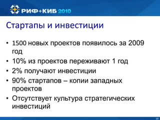 Стартапы и инвестиции 1500  новых проектов появилось за 2009 год 10% из проектов переживают 1 год 2% получают инвестиции 90% стартапов – копии западных проектов Отсутствует культура стратегических инвестиций 