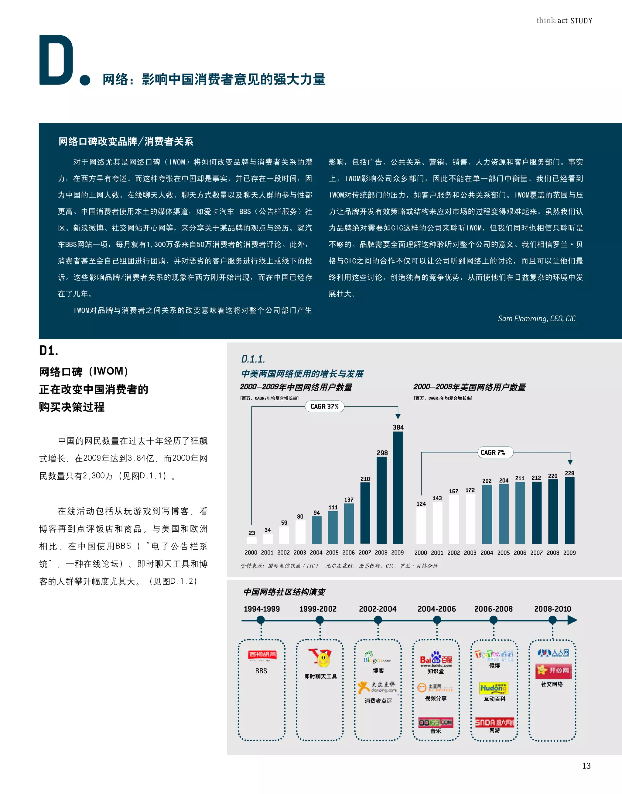 网络：影响中国消费者意见的强大力量



  网络口碑改变品牌/消费者关系

     对于网络尤其是网络口碑（IWOM）将如何改变品牌与消费者关系的潜                影响，包括广告、公共关系、营销、销售、人力资源和客户服务部门。事实

  力，在西方早有夸述。而这种夸张在中国却是事实，并已存在一段时间，因                  上，IWOM影响公司众多部门，因此不能在单一部门中衡量。我们已经看到

  为中国的上网人数、在线聊天人数、聊天方式数量以及聊天人群的参与性都                  IWOM对传统部门的压力，如客户服务和公共关系部门。IWOM覆盖的范围与压

  更高。中国消费者使用本土的媒体渠道，如爱卡汽车 BBS（公告栏服务）社                力让品牌开发有效策略或结构来应对市场的过程变得艰难起来。虽然我们认

  区、新浪微博、社交网站开心网等，来分享关于某品牌的观点与经历。就汽                  为品牌绝对需要如CIC这样的公司来聆听IWOM，但我们同时也相信只聆听是

  车BBS网站一项，每月就有1,300万条来自50万消费者的消费者评论。此外，             不够的。品牌需要全面理解这种聆听对整个公司的意义。我们相信罗兰·贝

  消费者甚至会自己组团进行团购，并对恶劣的客户服务进行线上或线下的投                  格与CIC之间的合作不仅可以让公司听到网络上的讨论，而且可以让他们最

  诉。这些影响品牌/消费者关系的现象在西方刚开始出现，而在中国已经存                  终利用这些讨论，创造独有的竞争优势，从而使他们在日益复杂的环境中发

  在了几年。                                              展壮大。

     IWOM对品牌与消费者之间关系的改变意味着这将对整个公司部门产生




网络口碑（IWOM）                   中美两国网络使用的增长与发展
正在改变中国消费者的                   2000-2009年中国网络用户数量                     2000-2009年美国网络用户数量
                             [百万，CAGR:年均复合增长率]                      [百万，CAGR:年均复合增长率]

购买决策过程


  中国的网民数量在过去十年经历了狂飙

式增长，在2009年达到3.84亿，而2000年网

民数量只有2,300万（见图D.1.1）。



  在线活动包括从玩游戏到写博客、看

博客再到点评饭店和商品。与美国和欧洲

相比，在中国使用BBS（“电子公告栏系

统”，一种在线论坛）、即时聊天工具和博          资料来源：国际电信联盟（ITU），尼尔森在线，世界银行，CIC，罗兰·贝格分析

客的人群攀升幅度尤其大。（见图D.1.2）
                             中国网络社区结构演变




                                                                                         微博
                                 BBS                         博客        知识堂
                                                 即时聊天工具
                                                                                               社交网络


                                                            消费者点评      视频分享             互动百科




                                                                        音乐               网游




                                                                                                      13
 