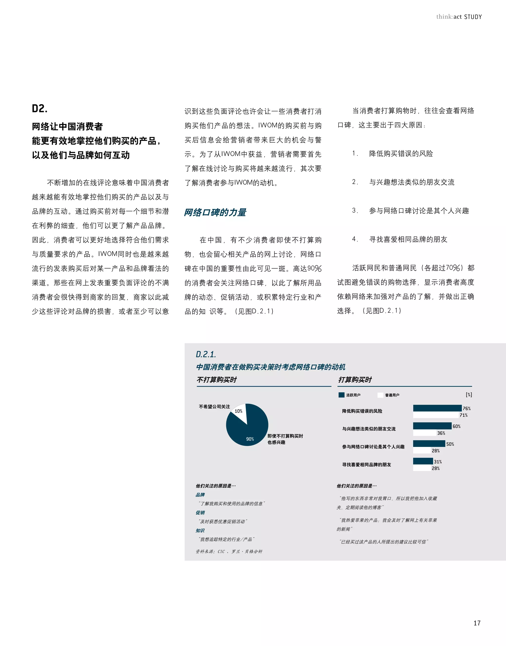 识到这些负面评论也许会让一些消费者打消                当消费者打算购物时，往往会查看网络

网络让中国消费者               购买他们产品的想法。IWOM的购买前与购            口碑，这主要出于四大原因：

能更有效地掌控他们购买的产品，        买后信息会给营销者带来巨大的机会与警

以及他们与品牌如何互动            示。为了从IWOM中获益，营销者需要首先               1.	 降低购买错误的风险

                       了解在线讨论与购买将越来越流行，其次要
  不断增加的在线评论意味着中国消费者    了解消费者参与IWOM的动机。                    2.	 与兴趣想法类似的朋友交流

越来越能有效地掌控他们购买的产品以及与

品牌的互动。通过购买前对每一个细节和潜    网络口碑的力量                            3.	 参与网络口碑讨论是其个人兴趣

在利弊的细查，他们可以更了解产品品牌。

因此，消费者可以更好地选择符合他们需求      在中国，有不少消费者即使不打算购                 4.	 寻找喜爱相同品牌的朋友

与质量要求的产品。IWOM同时也是越来越   物，也会留心相关产品的网上讨论，网络口
流行的发表购买后对某一产品和品牌看法的    碑在中国的重要性由此可见一斑。高达90%               活跃网民和普通网民（各超过70%）都

渠道。那些在网上发表重要负面评论的不满    的消费者会关注网络口碑，以此了解所用品             试图避免错误的购物选择，显示消费者高度

消费者会很快得到商家的回复，商家以此减    牌的动态、促销活动，或积累特定行业和产             依赖网络来加强对产品的了解，并做出正确

少这些评论对品牌的损害，或者至少可以意    品的知	识等。（见图D.2.1)                选择。（见图D.2.1）




                         中国消费者在做购买决策时考虑网络口碑的动机
                         不打算购买时                        打算购买时

                                                         活跃用户       普通用户


                         不希望公司关注
                                                        降低购买错误的风险



                                                        与兴趣想法类似的朋友交流
                                            即使不打算购买时
                                            也感兴趣
                                                        参与网络口碑讨论是其个人兴趣



                                                        寻找喜爱相同品牌的朋友



                         他们关注的原因是…                     他们关注的原因是…
                         品牌
                                                       “他写的东西非常对我胃口，所以我把他加入收藏
                         “了解我购买和使用的品牌的信息”
                                                       夹，定期阅读他的博客”
                         促销
                         “及时获悉优惠促销活动”                  “我热爱苹果的产品；我会及时了解网上有关苹果

                         知识                            的新闻”

                         “我想追踪特定的行业/产品”
                                                       “已经买过该产品的人所提出的建议比较可信”

                        资料来源：CIC 、罗兰·贝格分析




                                                                                17
 