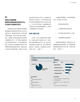 识到这些负面评论也许会让一些消费者打消                当消费者打算购物时，往往会查看网络

网络让中国消费者               购买他们产品的想法。IWOM的购买前与购            口碑，这主要出于四大原因：

能更有效地掌控他们购买的产品，        买后信息会给营销者带来巨大的机会与警

以及他们与品牌如何互动            示。为了从IWOM中获益，营销者需要首先               1.	 降低购买错误的风险

                       了解在线讨论与购买将越来越流行，其次要
  不断增加的在线评论意味着中国消费者    了解消费者参与IWOM的动机。                    2.	 与兴趣想法类似的朋友交流

越来越能有效地掌控他们购买的产品以及与

品牌的互动。通过购买前对每一个细节和潜    网络口碑的力量                            3.	 参与网络口碑讨论是其个人兴趣

在利弊的细查，他们可以更了解产品品牌。

因此，消费者可以更好地选择符合他们需求      在中国，有不少消费者即使不打算购                 4.	 寻找喜爱相同品牌的朋友

与质量要求的产品。IWOM同时也是越来越   物，也会留心相关产品的网上讨论，网络口
流行的发表购买后对某一产品和品牌看法的    碑在中国的重要性由此可见一斑。高达90%               活跃网民和普通网民（各超过70%）都

渠道。那些在网上发表重要负面评论的不满    的消费者会关注网络口碑，以此了解所用品             试图避免错误的购物选择，显示消费者高度

消费者会很快得到商家的回复，商家以此减    牌的动态、促销活动，或积累特定行业和产             依赖网络来加强对产品的了解，并做出正确

少这些评论对品牌的损害，或者至少可以意    品的知	识等。（见图D.2.1)                选择。（见图D.2.1）




                         中国消费者在做购买决策时考虑网络口碑的动机
                         不打算购买时                        打算购买时

                                                         活跃用户       普通用户


                         不希望公司关注
                                                        降低购买错误的风险



                                                        与兴趣想法类似的朋友交流
                                            即使不打算购买时
                                            也感兴趣
                                                        参与网络口碑讨论是其个人兴趣



                                                        寻找喜爱相同品牌的朋友



                         他们关注的原因是…                     他们关注的原因是…
                         品牌
                                                       “他写的东西非常对我胃口，所以我把他加入收藏
                         “了解我购买和使用的品牌的信息”
                                                       夹，定期阅读他的博客”
                         促销
                         “及时获悉优惠促销活动”                  “我热爱苹果的产品；我会及时了解网上有关苹果

                         知识                            的新闻”

                         “我想追踪特定的行业/产品”
                                                       “已经买过该产品的人所提出的建议比较可信”

                        资料来源：CIC 、罗兰·贝格分析




                                                                                17
 