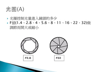    光圈控制光量進入鏡頭的多少
   F值(1.4、2.8、4、5.6、8、11、16、22、32)做
    調節而開大或縮小
 