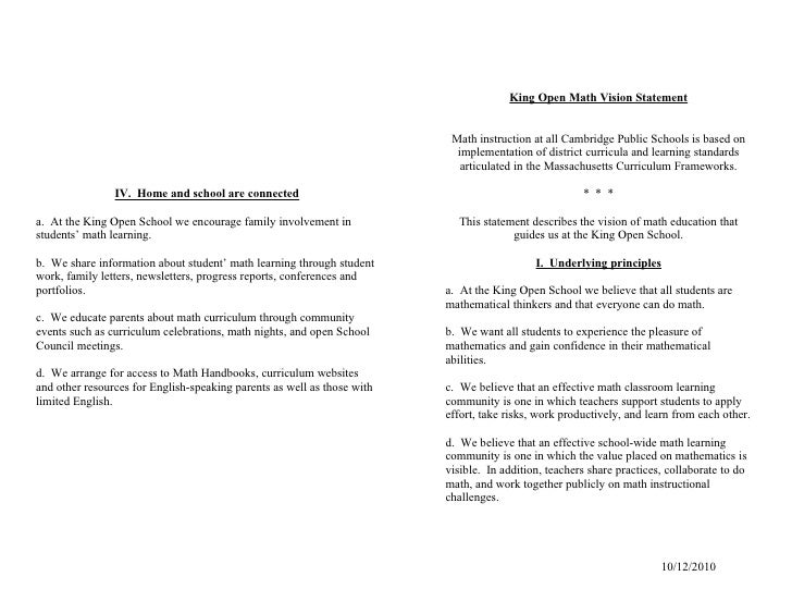 King Open Math Vision Statement King Open Math Vision Statement