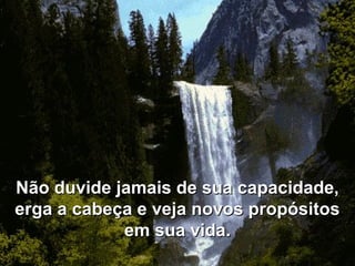 Não duvide jamais de sua capacidade,Não duvide jamais de sua capacidade,
erga a cabeça e veja novos propósitoserga a cabeça e veja novos propósitos
em sua vida.em sua vida.
 