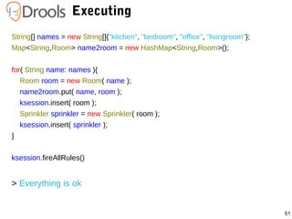 51
Executing
String[] names = new String[]{"kitchen", "bedroom", "office", "livingroom"};
Map<String,Room> name2room = new HashMap<String,Room>();
for( String name: names ){
Room room = new Room( name );
name2room.put( name, room );
ksession.insert( room );
Sprinkler sprinkler = new Sprinkler( room );
ksession.insert( sprinkler );
}
ksession.fireAllRules()
> Everything is ok
 