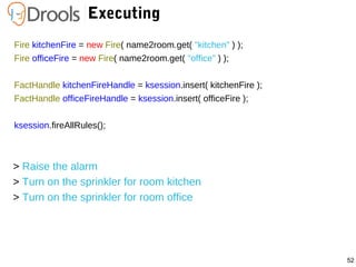 52
Executing
Fire kitchenFire = new Fire( name2room.get( "kitchen" ) );
Fire officeFire = new Fire( name2room.get( "office" ) );
FactHandle kitchenFireHandle = ksession.insert( kitchenFire );
FactHandle officeFireHandle = ksession.insert( officeFire );
ksession.fireAllRules();
> Raise the alarm
> Turn on the sprinkler for room kitchen
> Turn on the sprinkler for room office
 