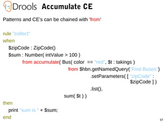 57
Accumulate CE
Patterns and CE's can be chained with 'from'
rule "collect"
when
$zipCode : ZipCode()
$sum : Number( intValue > 100 )
from accumulate( Bus( color == "red", $t : takings )
from $hbn.getNamedQuery(“Find Buses”)
.setParameters( [ “zipCode” :
$zipCode ] )
.list(),
sum( $t ) )
then
print "sum is “ + $sum;
end
 