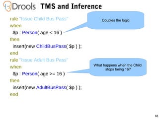 68
TMS and Inference
rule "Issue Child Bus Pass"
when
$p : Person( age < 16 )
then
insert(new ChildBusPass( $p ) );
end
rule "Issue Adult Bus Pass"
when
$p : Person( age >= 16 )
then
insert(new AdultBusPass( $p ) );
end
Couples the logic
What happens when the Child
stops being 16?
 