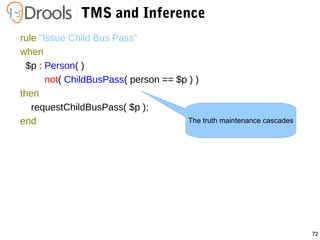 72
TMS and Inference
rule "Issue Child Bus Pass"
when
$p : Person( )
not( ChildBusPass( person == $p ) )
then
requestChildBusPass( $p );
end The truth maintenance cascades
 
